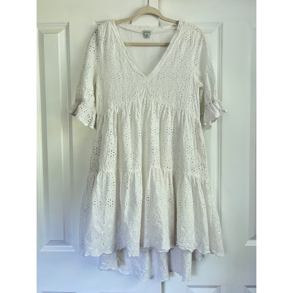 Sundance White Eyelet 100% Cotton Tiered High Low Cottage Babydoll Dress Size PS
